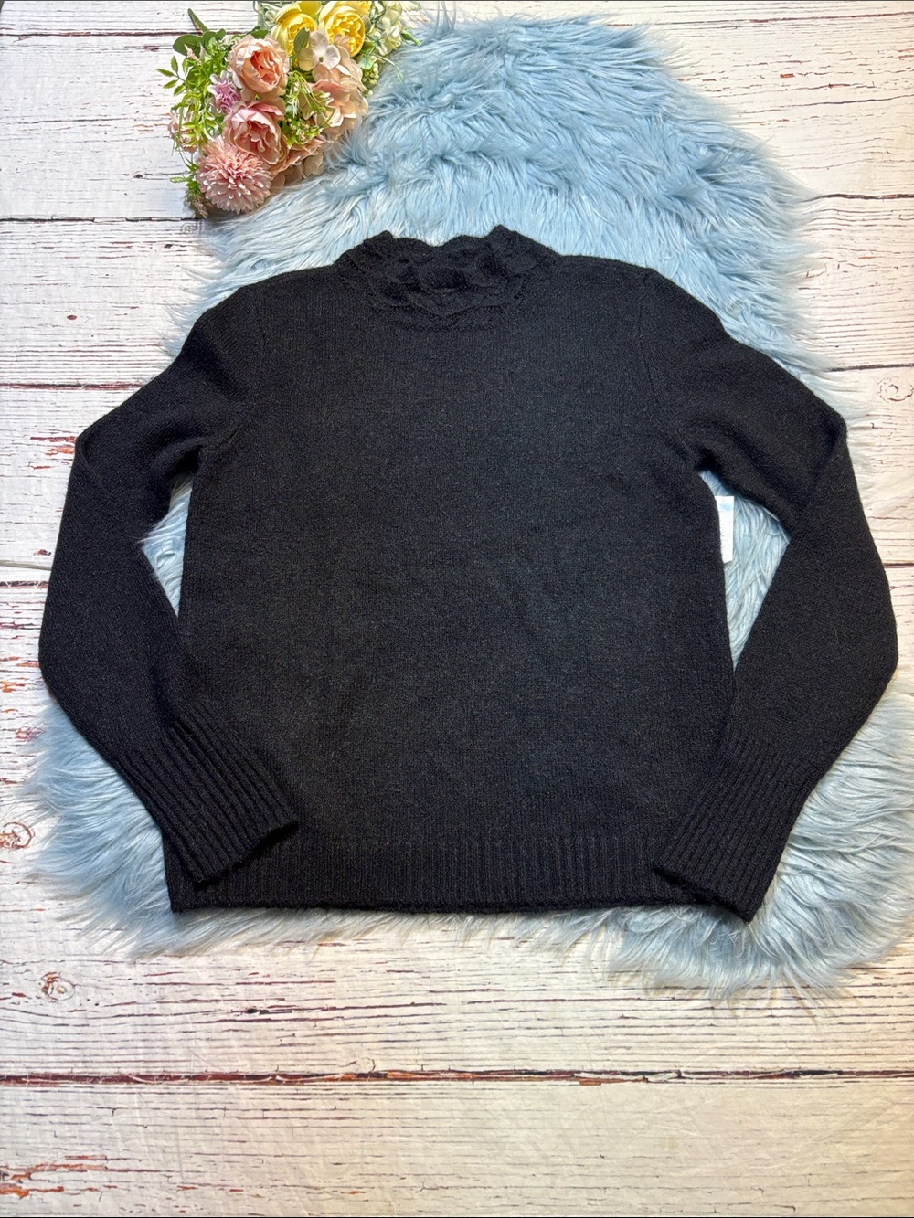 NWT Halogen Black Wool Blend Lattice Mock Neck Sweater sz XS